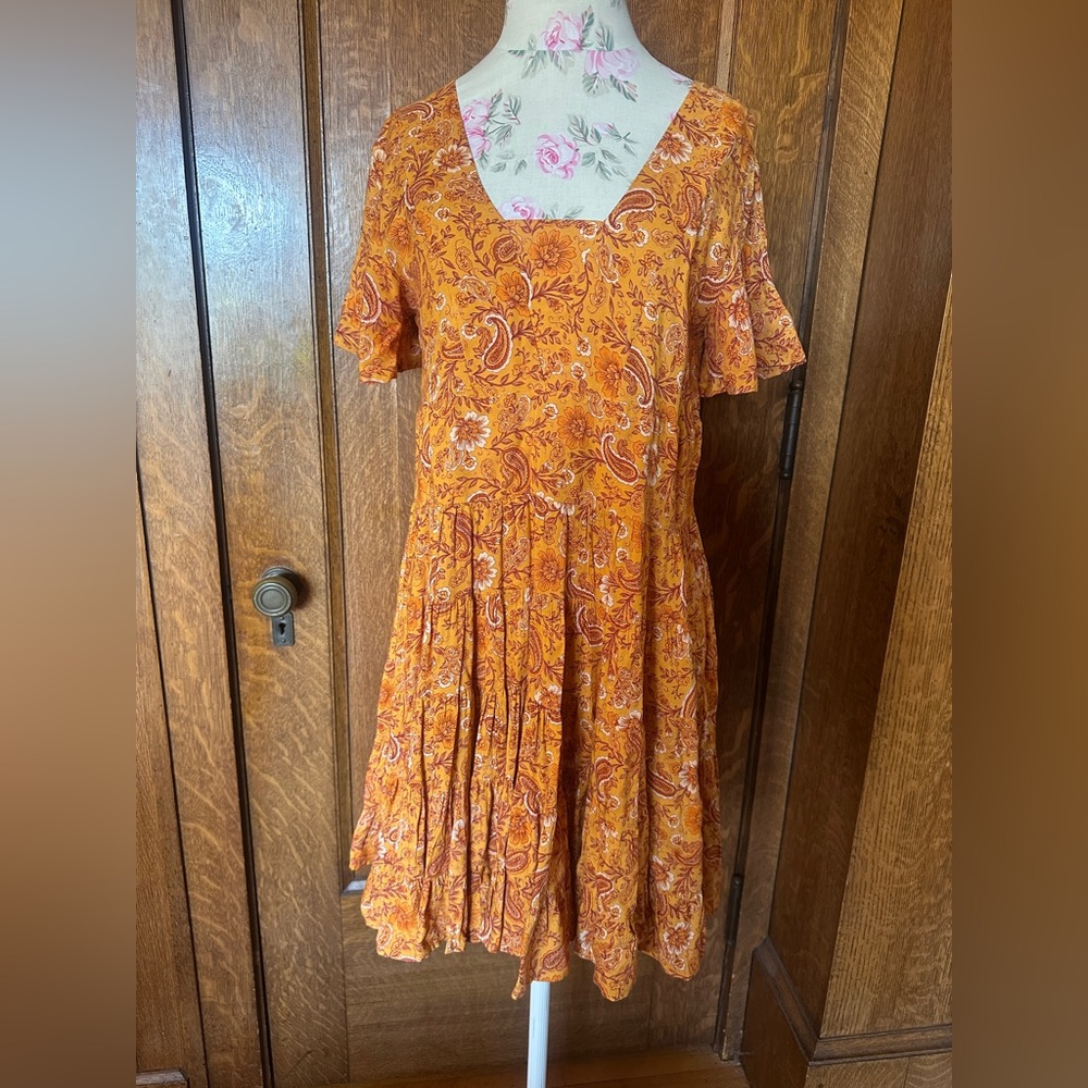 Patrons of Peace Orange Paisley Square-Neck Swing Dress, Size S